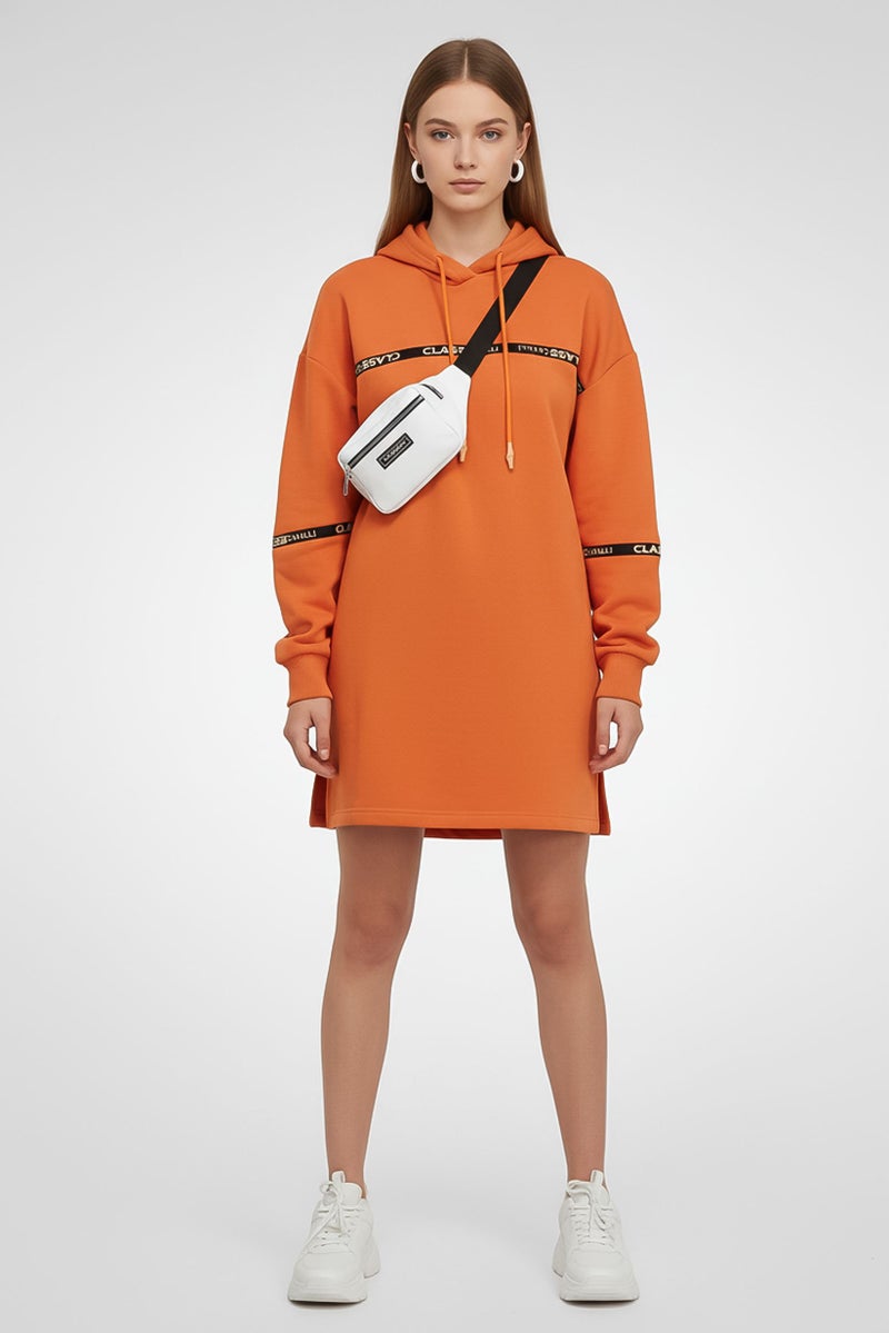 Cavalli Class Women Hood Long Sleeves Sweater Dress, Orange - Image 1